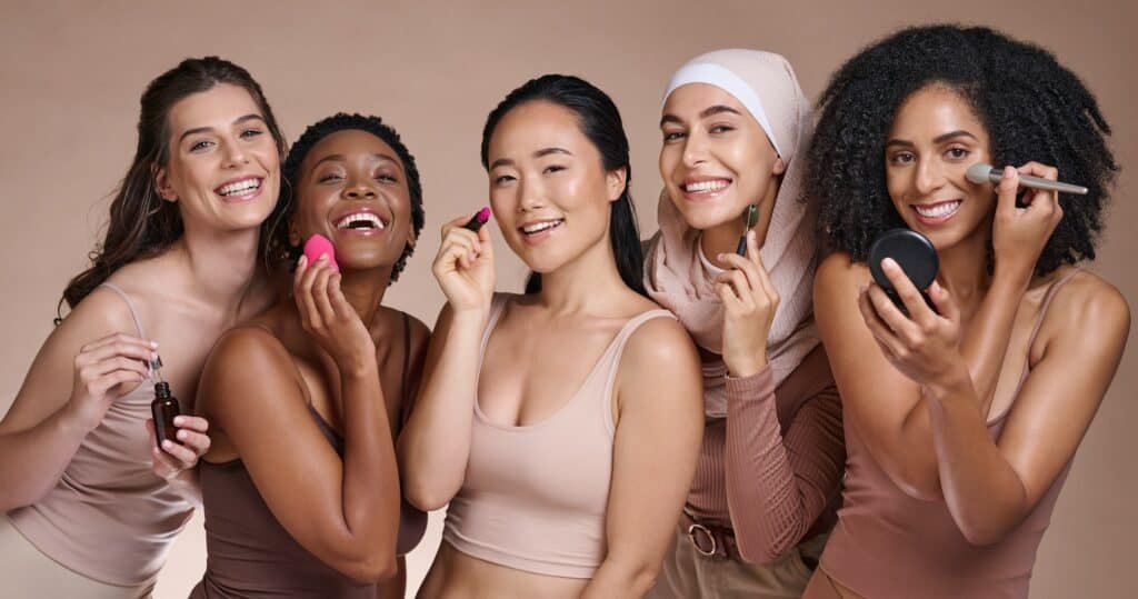 Women group, makeup studio or diversity portrait for skincare, beauty or smile for happiness. Happy